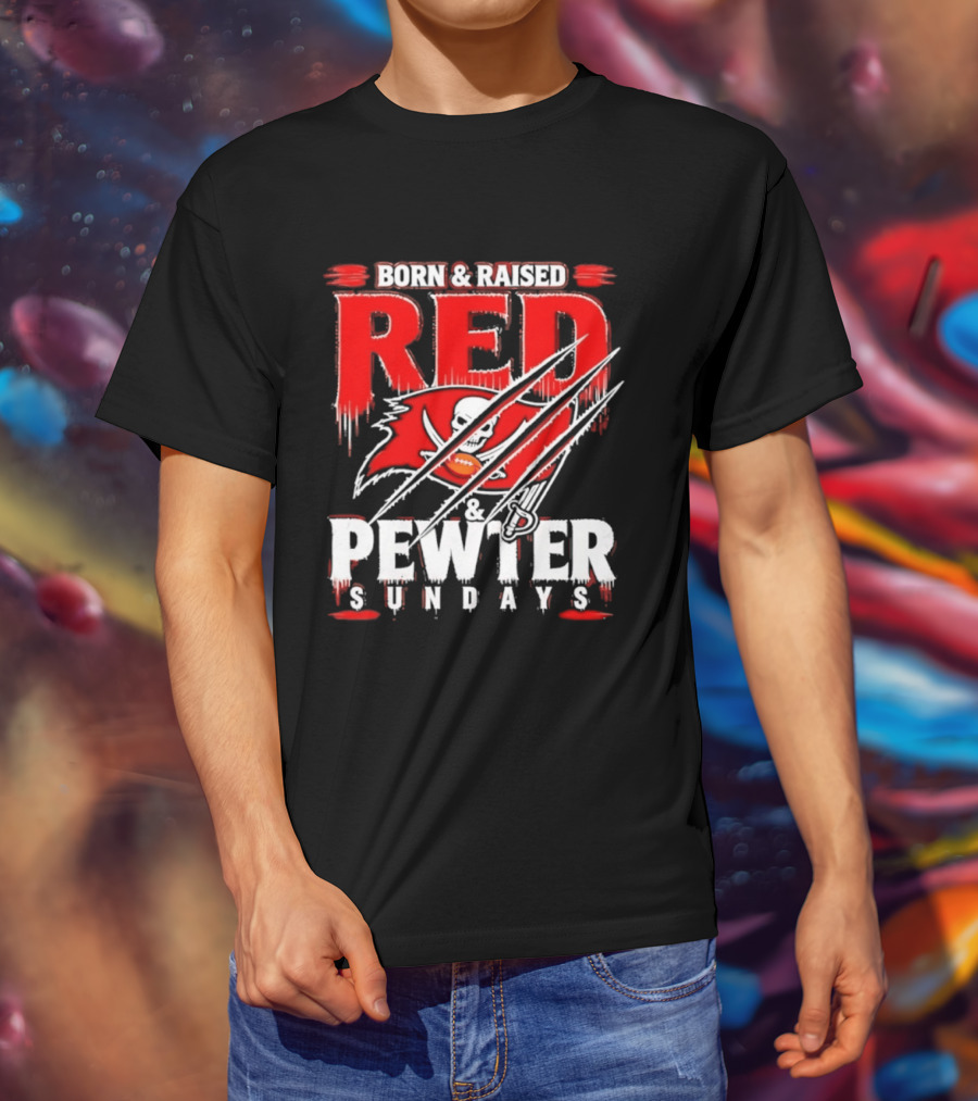 Born & Raised Red & Pewter Sundays Tampa Bay Buccaneers Fan Gear T-Shirt