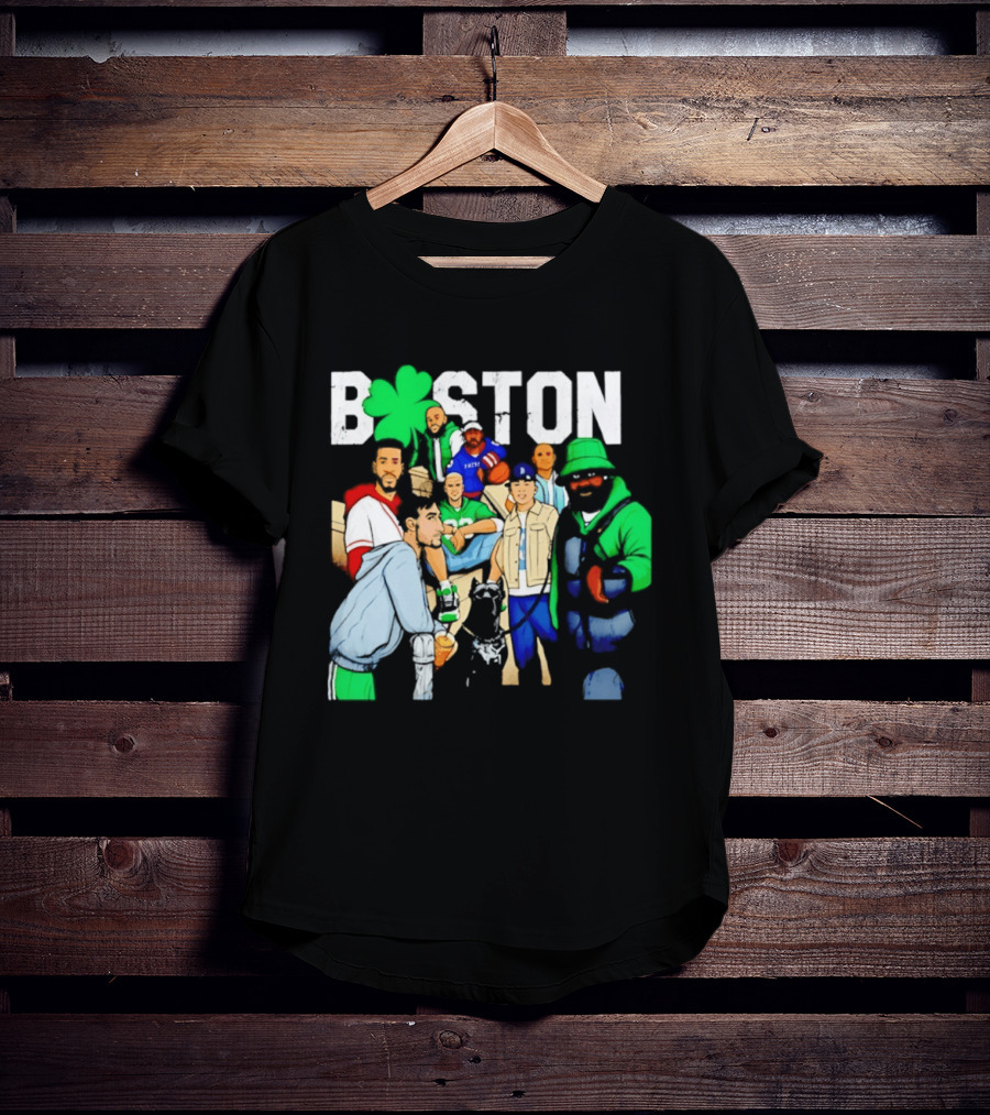Boston Green Clover Sports Fan Characters Distressed Look T-Shirt