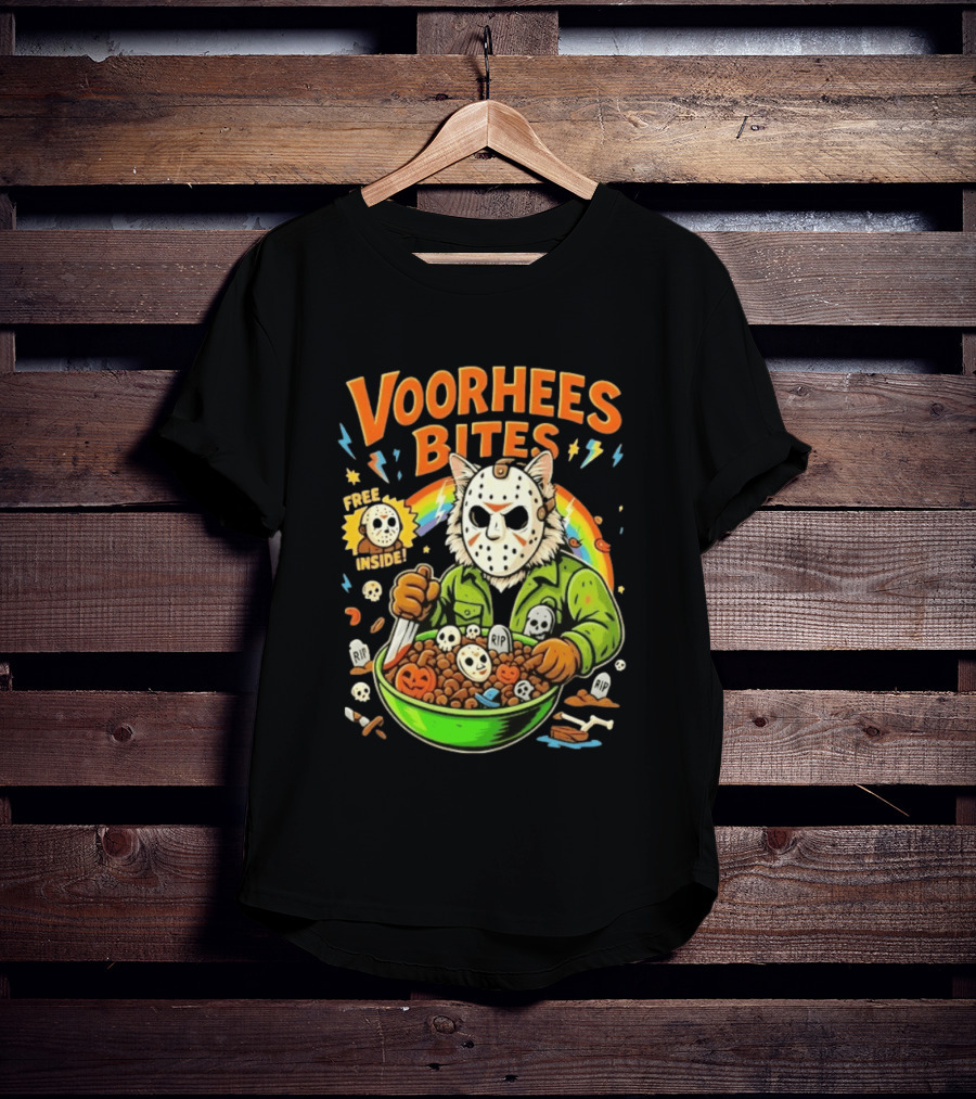 Voorhees Bites Jason Voorhees Cat Cereal Horror Mask Rainbow Feline Bowl Skeletons T-Shirt