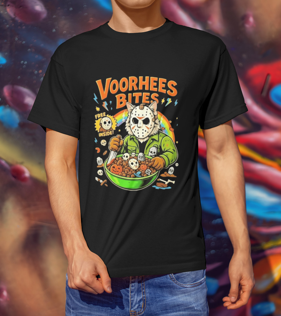 Voorhees Bites Jason Voorhees Cat Cereal Horror Mask Rainbow Feline Bowl Skeletons T-Shirt