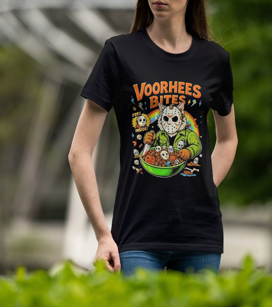 Voorhees Bites Jason Voorhees Cat Cereal Horror Mask Rainbow Feline Bowl Skeletons T-Shirt