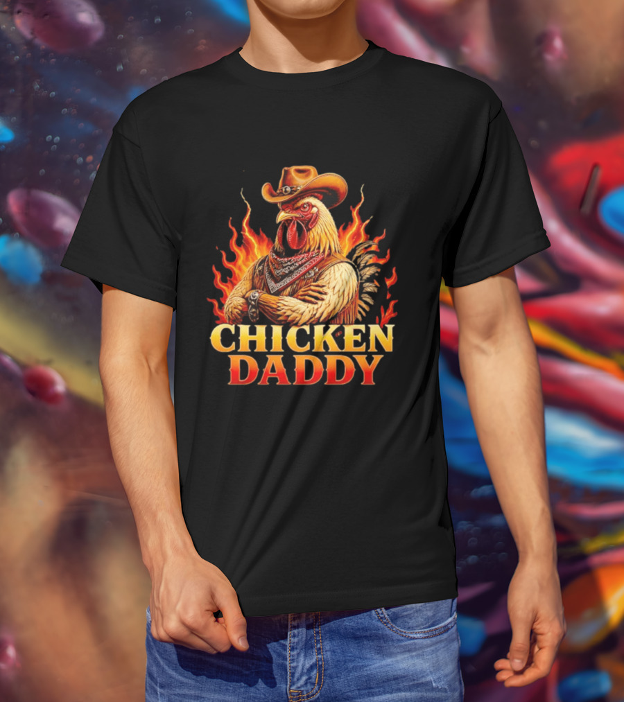 Chicken Daddy Cowboy Rooster With Flames And Bandana T-Shirt