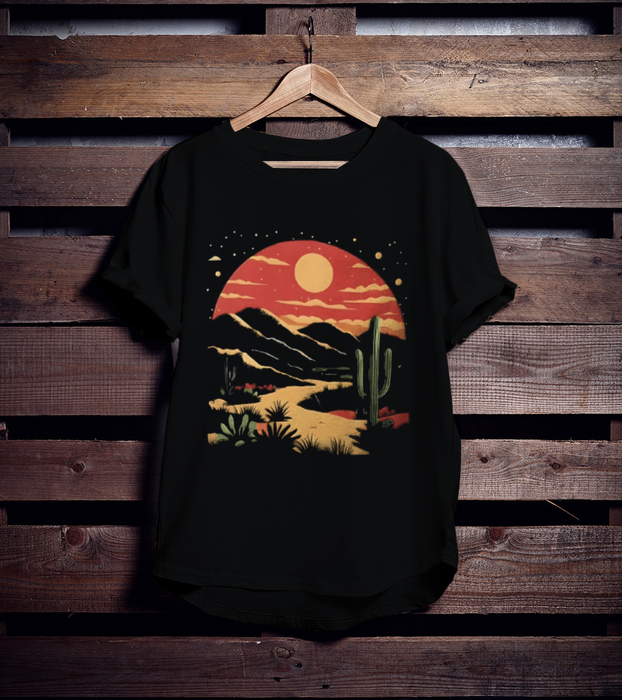 Sunset Sky Desert Saguaro Cactus Western Mountains Landscape Scene T-Shirt