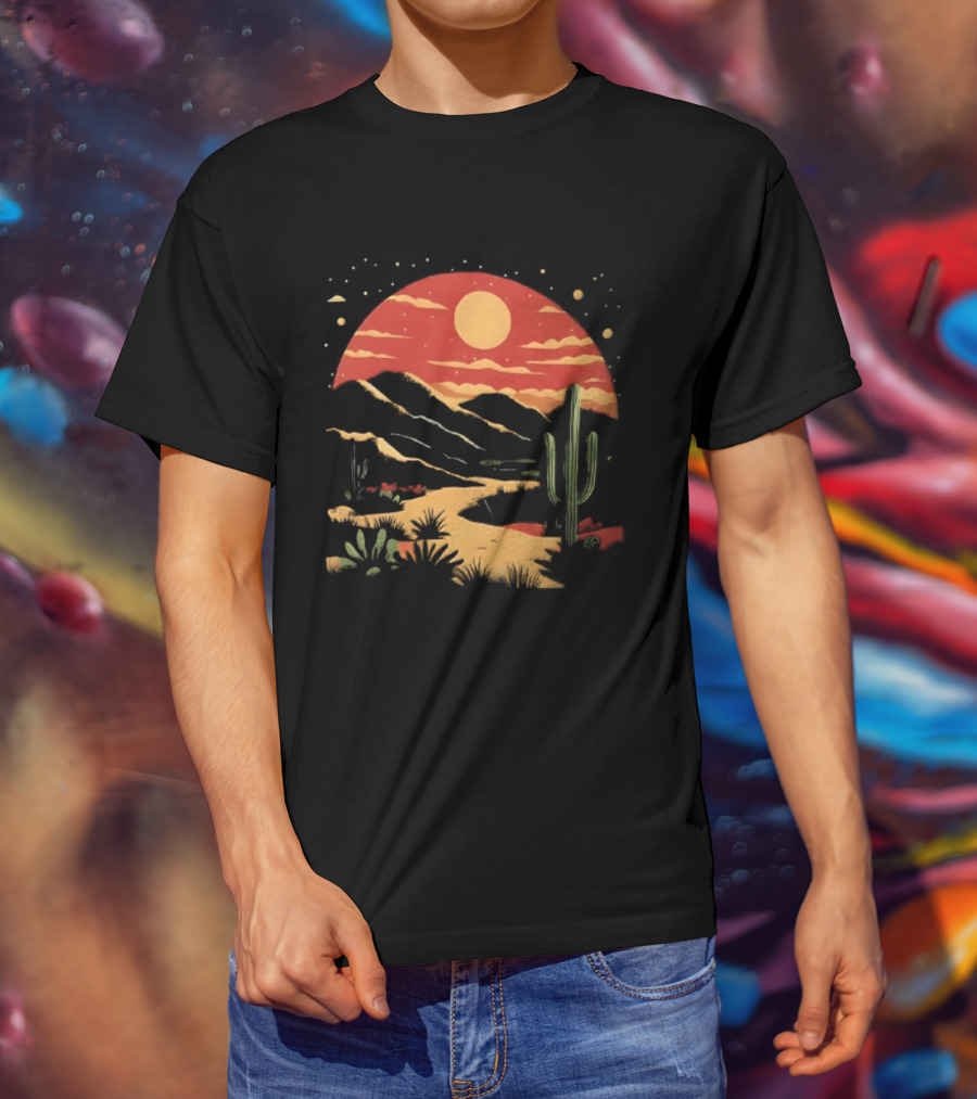 Sunset Sky Desert Saguaro Cactus Western Mountains Landscape Scene T-Shirt