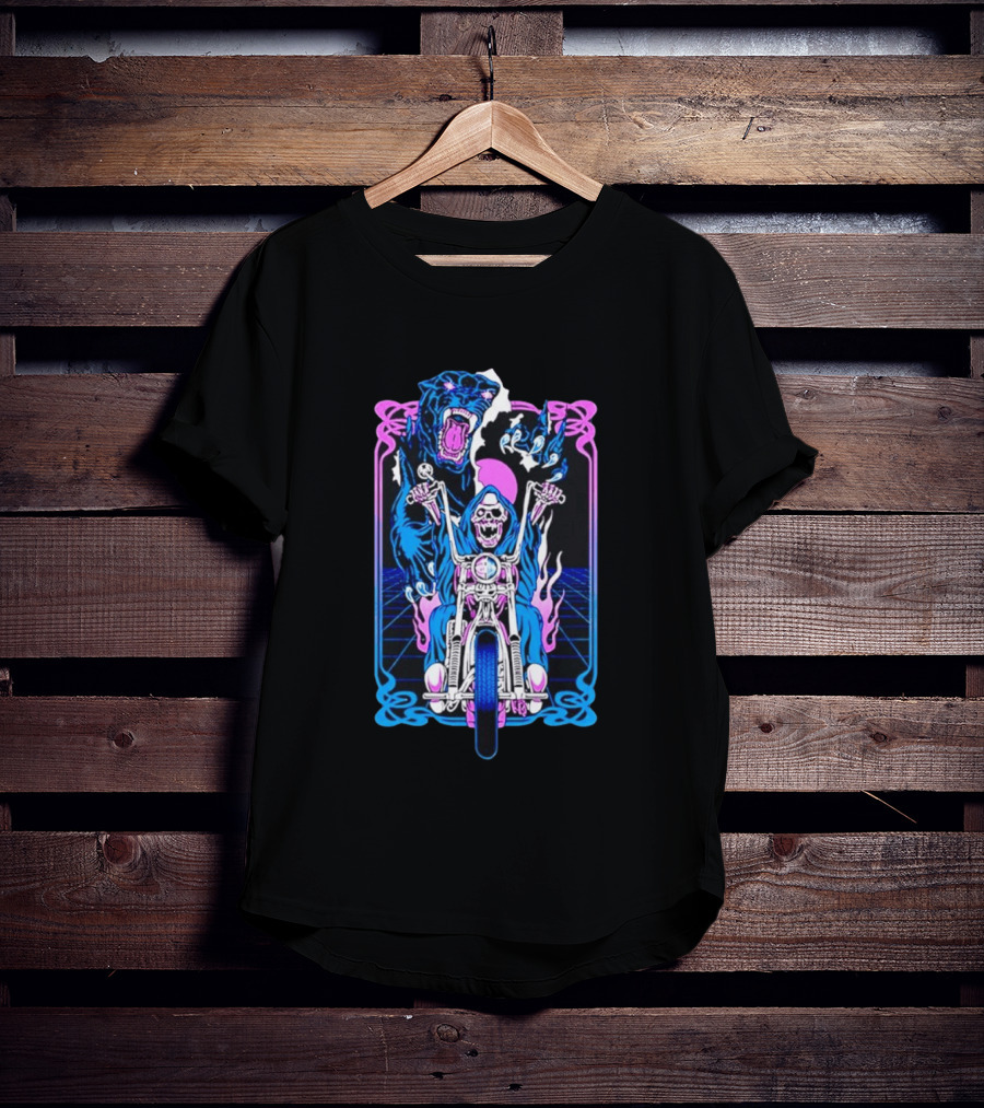 Grim Reaper Motorcycle Panther Retro Neon T-Shirt