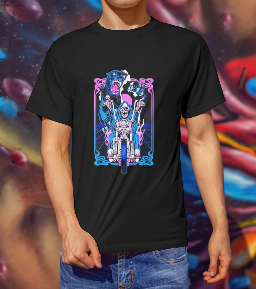 Grim Reaper Motorcycle Panther Retro Neon T-Shirt