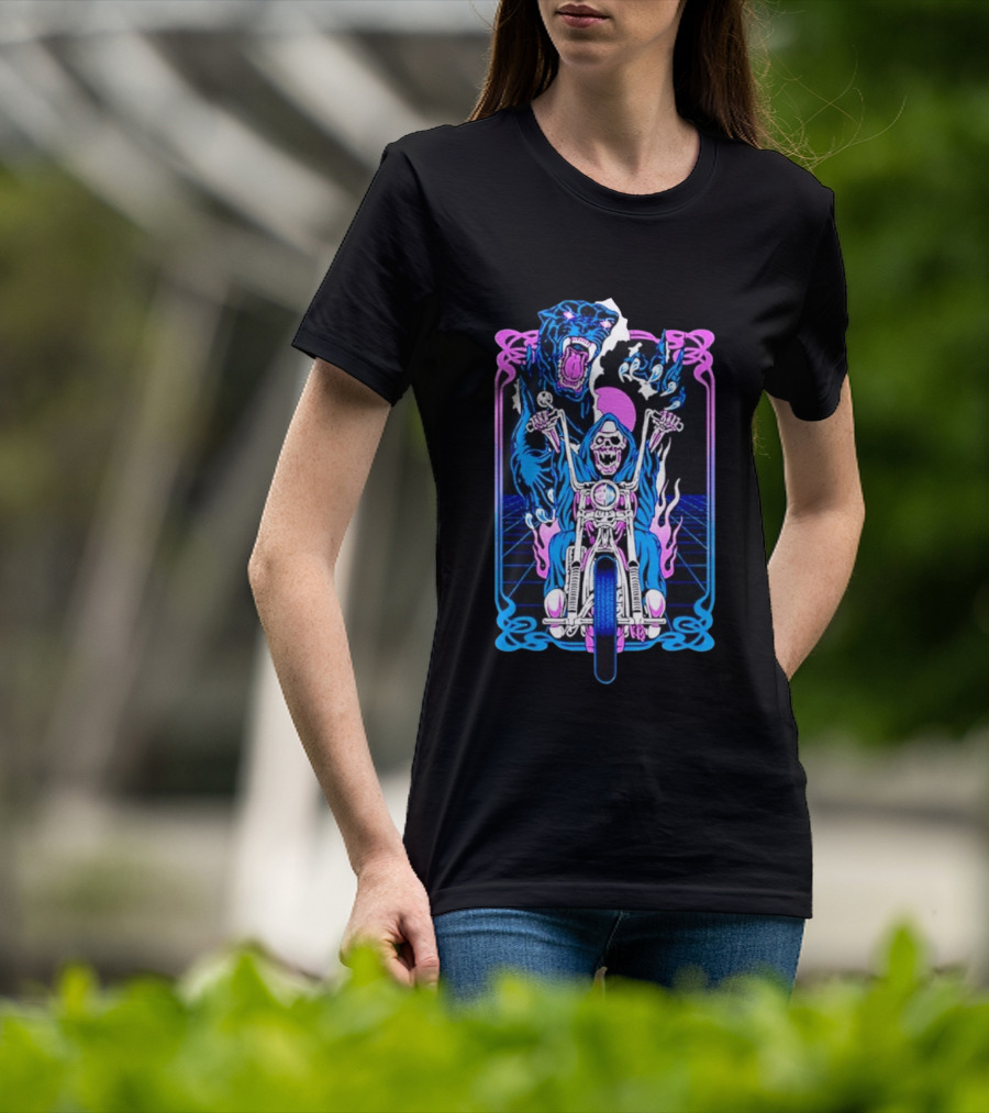 Grim Reaper Motorcycle Panther Retro Neon T-Shirt