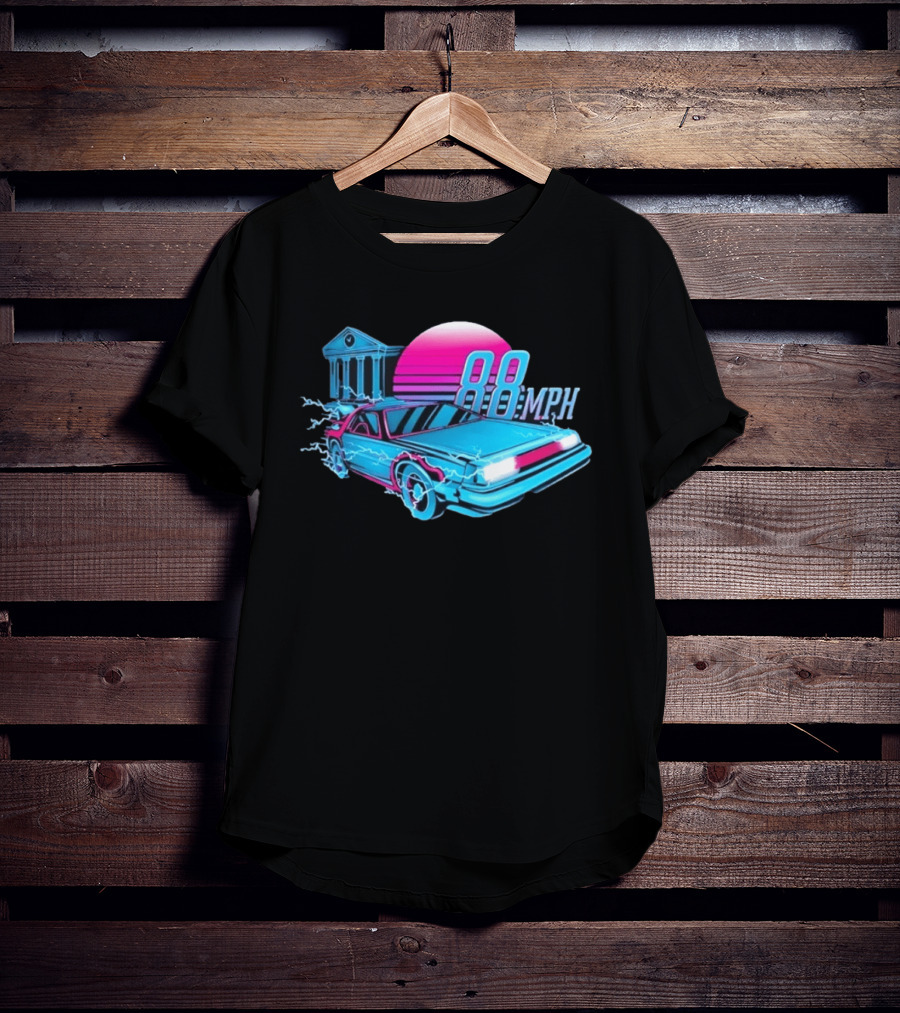 Back To The Future DeLorean 88 MPH Neon Style With Sunset And Tower T-Shirt