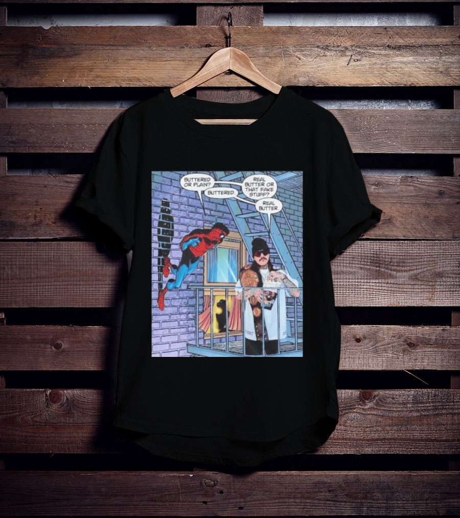 Spider Man Bret Hart Real Buttered Popcorn Balcony Scene T-Shirt