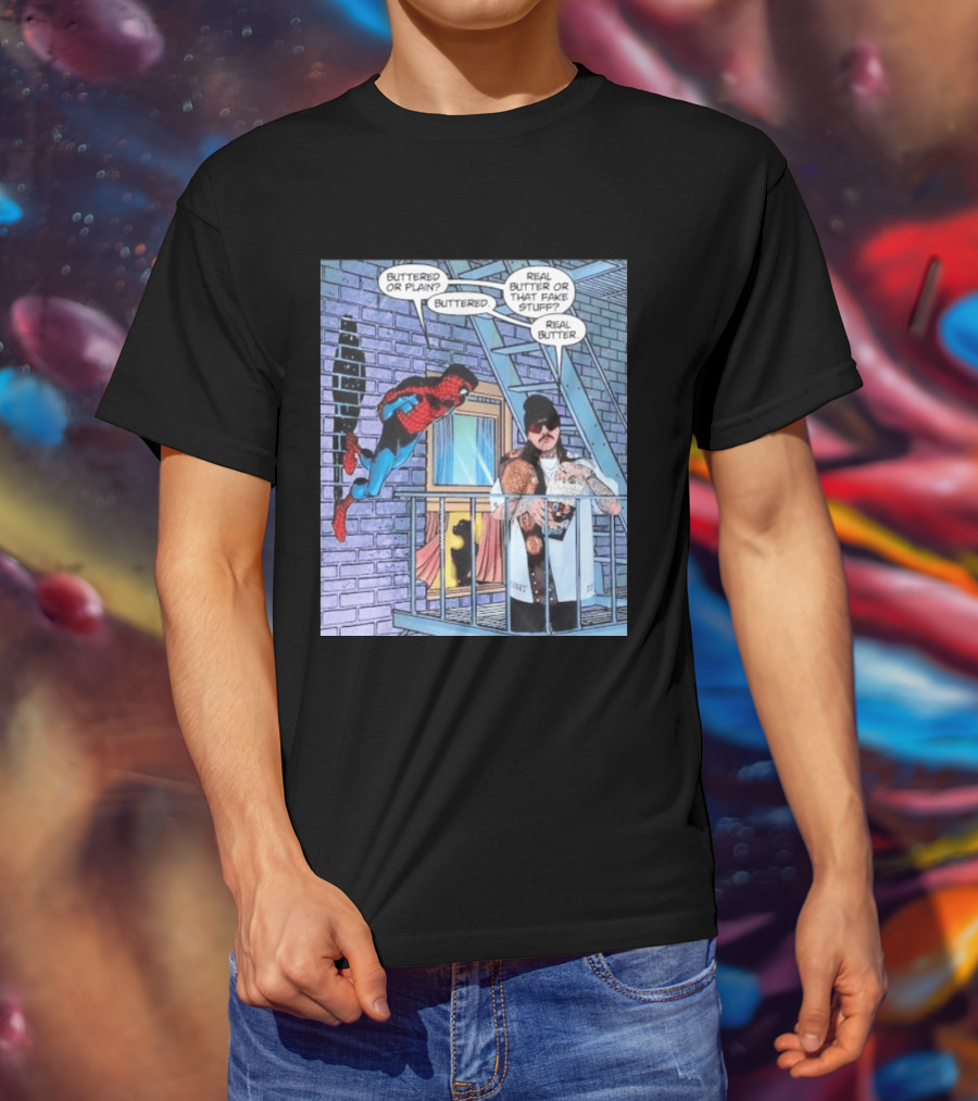Spider Man Bret Hart Real Buttered Popcorn Balcony Scene T-Shirt