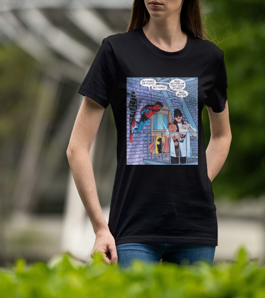 Spider Man Bret Hart Real Buttered Popcorn Balcony Scene T-Shirt