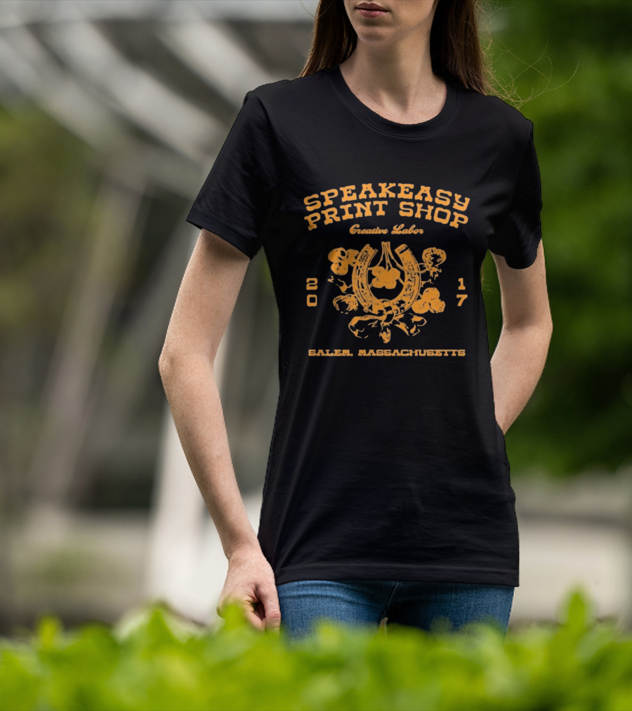 Speakeasy Print Shop Creative Labor Salem Massachusetts 2017 Horseshoe Floral T-Shirt
