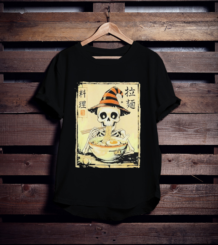 Witch Skeleton Eating Ramen With Japanese Kanji Characters T-Shirt