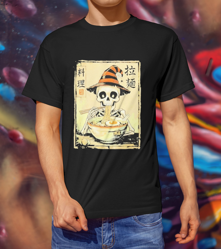 Witch Skeleton Eating Ramen With Japanese Kanji Characters T-Shirt