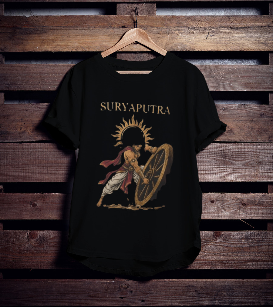 Karna Suryaputra Mahabharata Warrior Lifting Wooden Chariot Wheel With Sun Halo T-Shirt