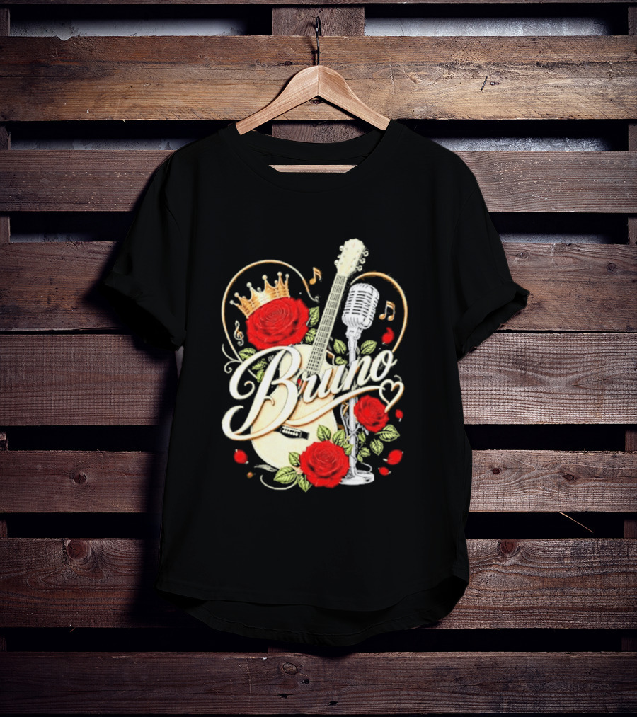 Bruno Rose Crown Guitar And Microphone With Music Notes T-Shirt