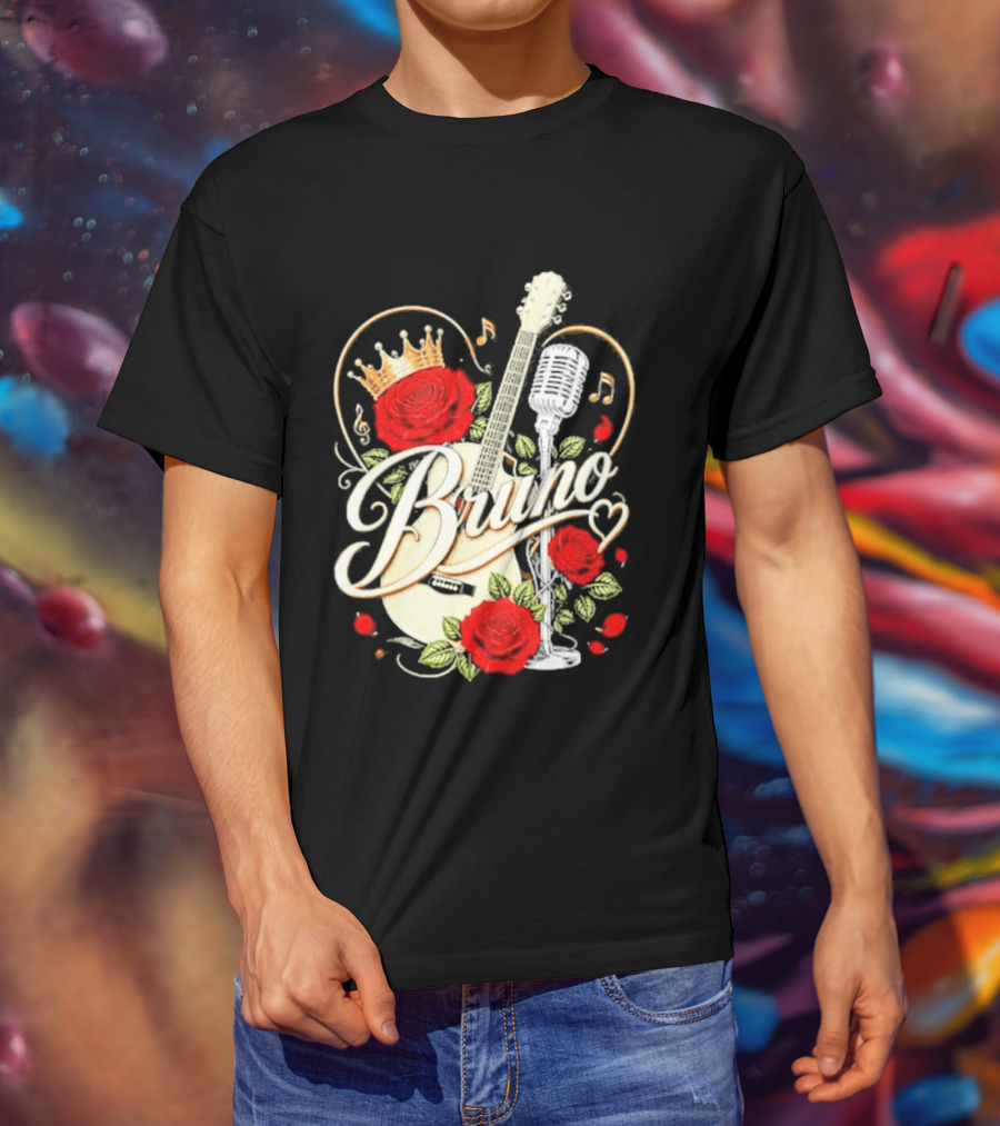 Bruno Rose Crown Guitar And Microphone With Music Notes T-Shirt
