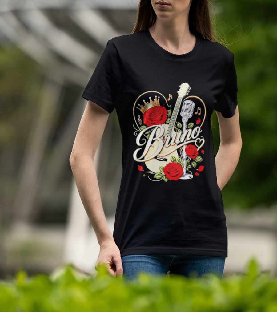 Bruno Rose Crown Guitar And Microphone With Music Notes T-Shirt