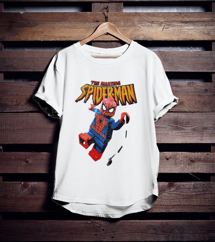 Spider Man The Amazing Lego Minifigure Swinging On Web Iconic Marvel Hero T-Shirt