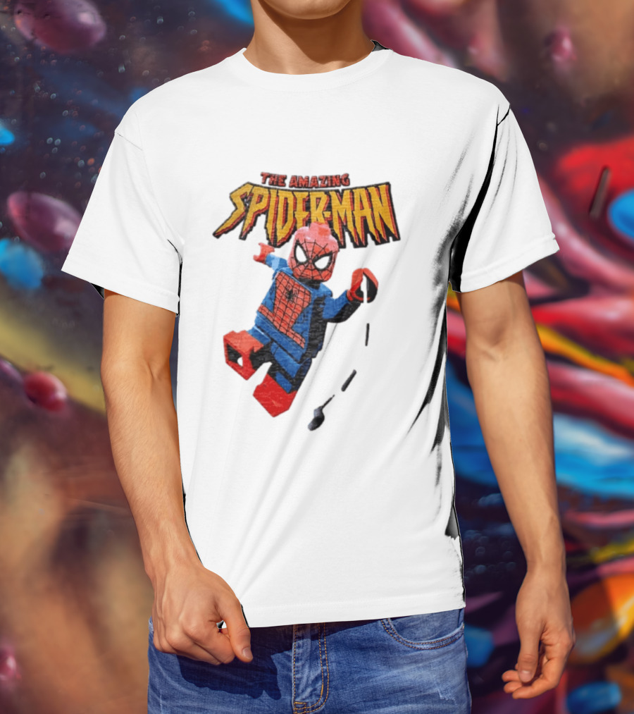 Spider Man The Amazing Lego Minifigure Swinging On Web Iconic Marvel Hero T-Shirt