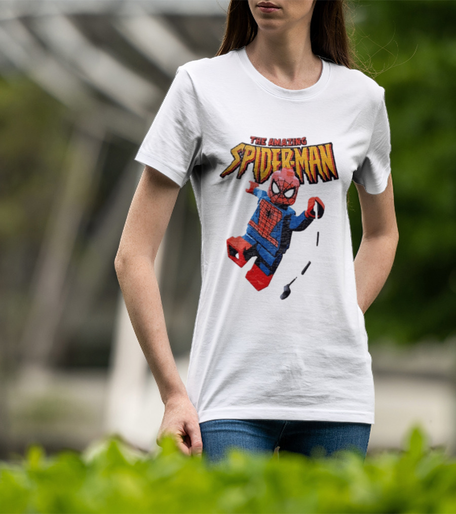Spider Man The Amazing Lego Minifigure Swinging On Web Iconic Marvel Hero T-Shirt