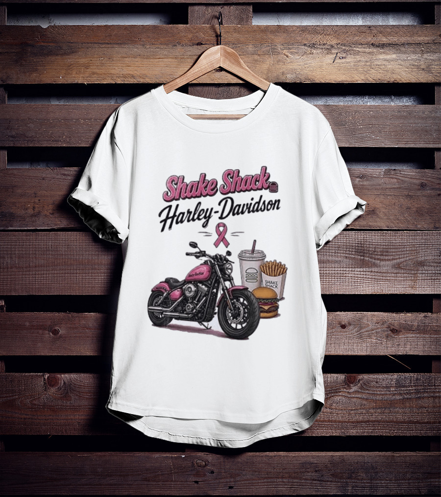 Shake Shack Harley Davidson Pink Ribbon Burger Fries Breast Cancer Awareness Month T-Shirt