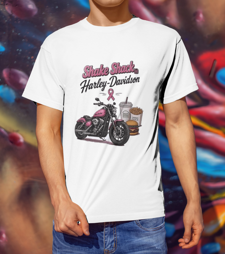 Shake Shack Harley Davidson Pink Ribbon Burger Fries Breast Cancer Awareness Month T-Shirt