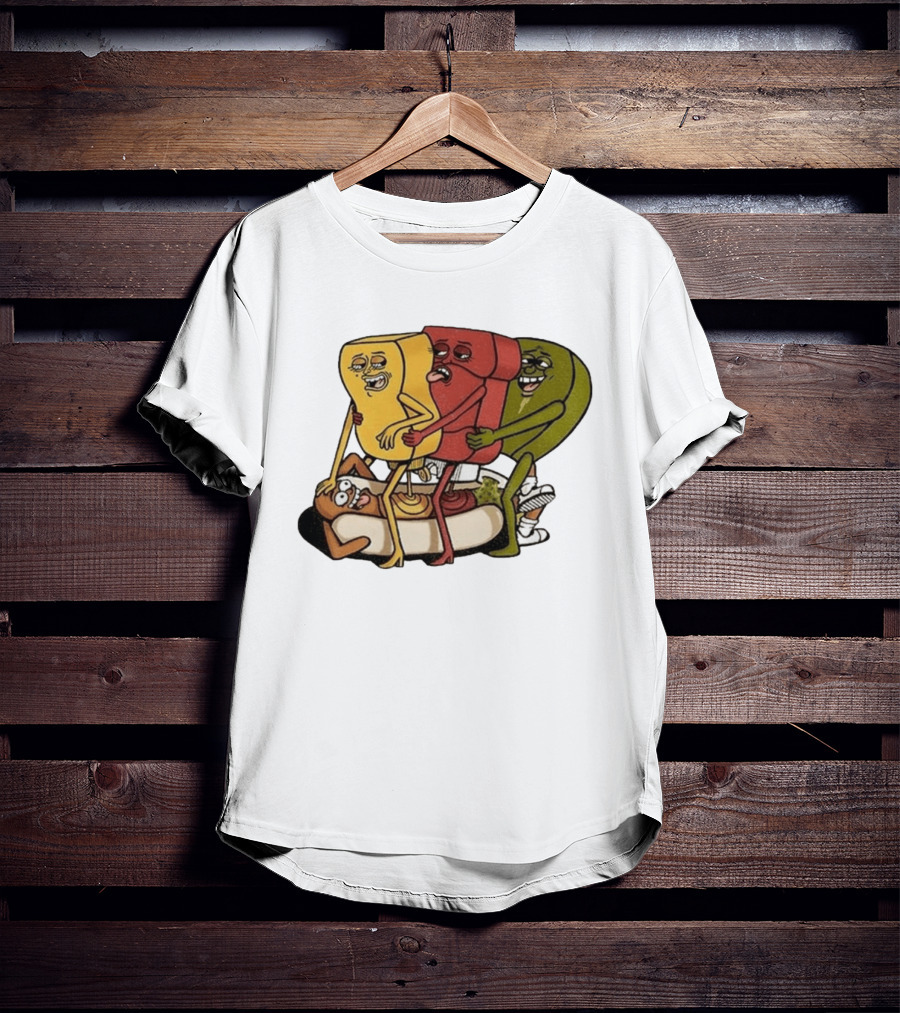 Hot Dog Topped With Mustard Ketchup And Relish Cartoon Characters T-Shirt