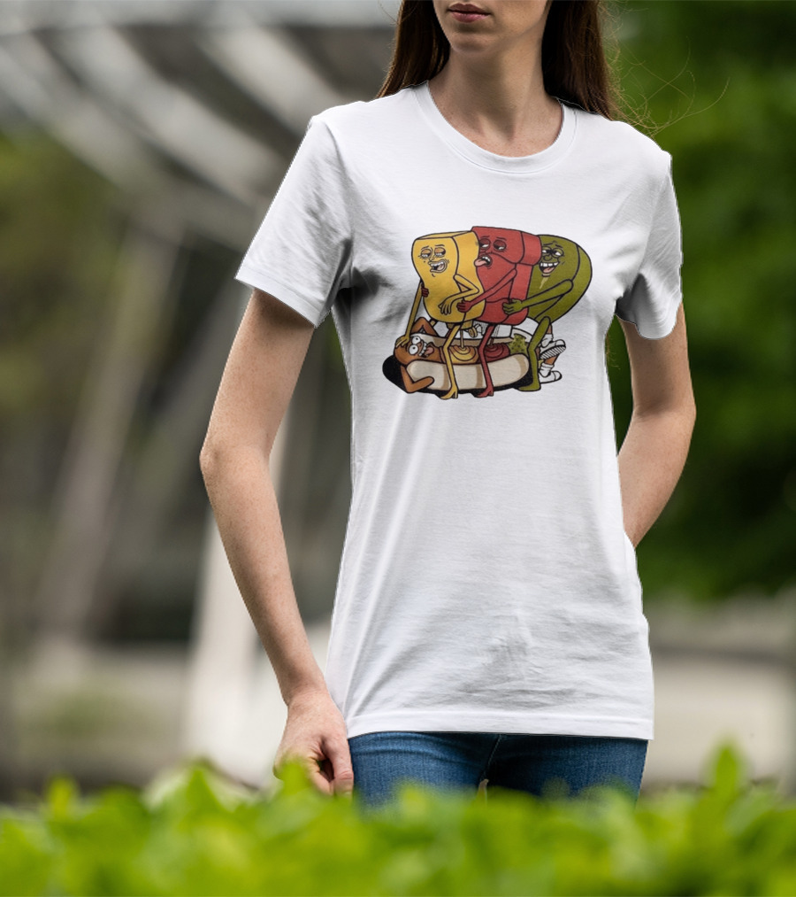 Hot Dog Topped With Mustard Ketchup And Relish Cartoon Characters T-Shirt