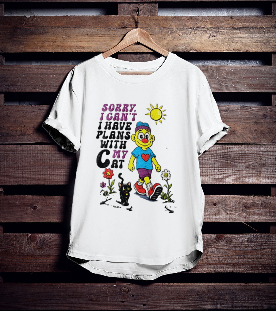 Sorry I Can't I Have Plans With My Cat Cartoon Yellow Figure Walking Sunflowers T-Shirt