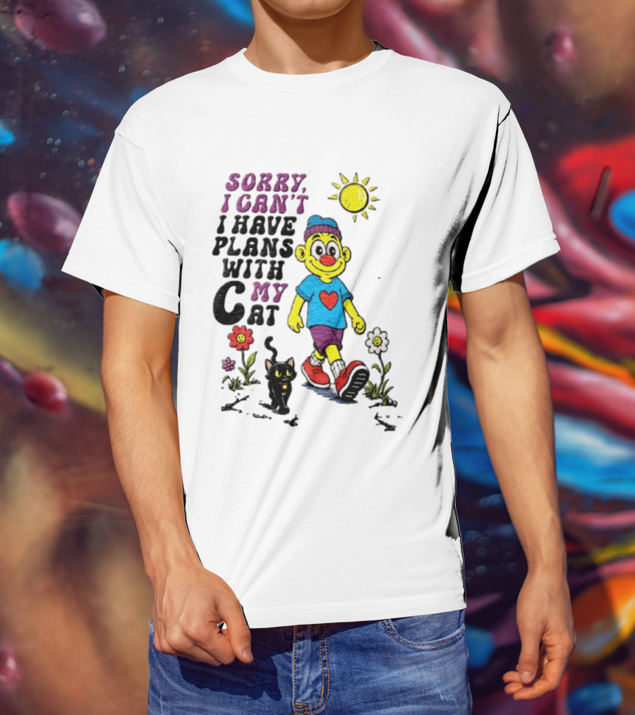 Sorry I Can't I Have Plans With My Cat Cartoon Yellow Figure Walking Sunflowers T-Shirt