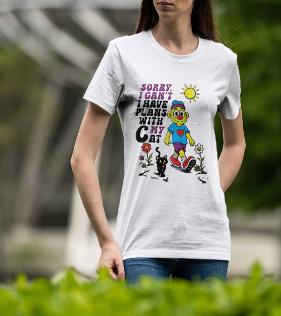 Sorry I Can't I Have Plans With My Cat Cartoon Yellow Figure Walking Sunflowers T-Shirt