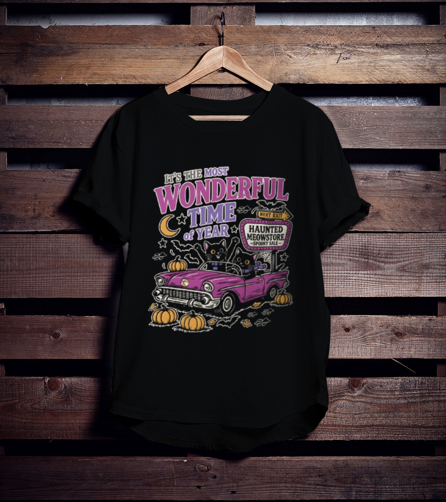 The Most Wonderful Time Of Year Halloween Cat And Pumpkins Retro Car T-Shirt