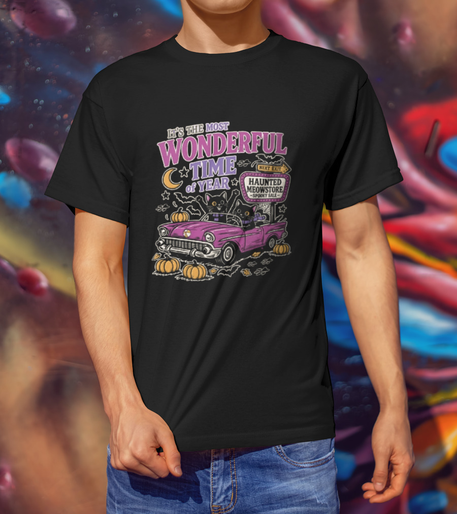The Most Wonderful Time Of Year Halloween Cat And Pumpkins Retro Car T-Shirt