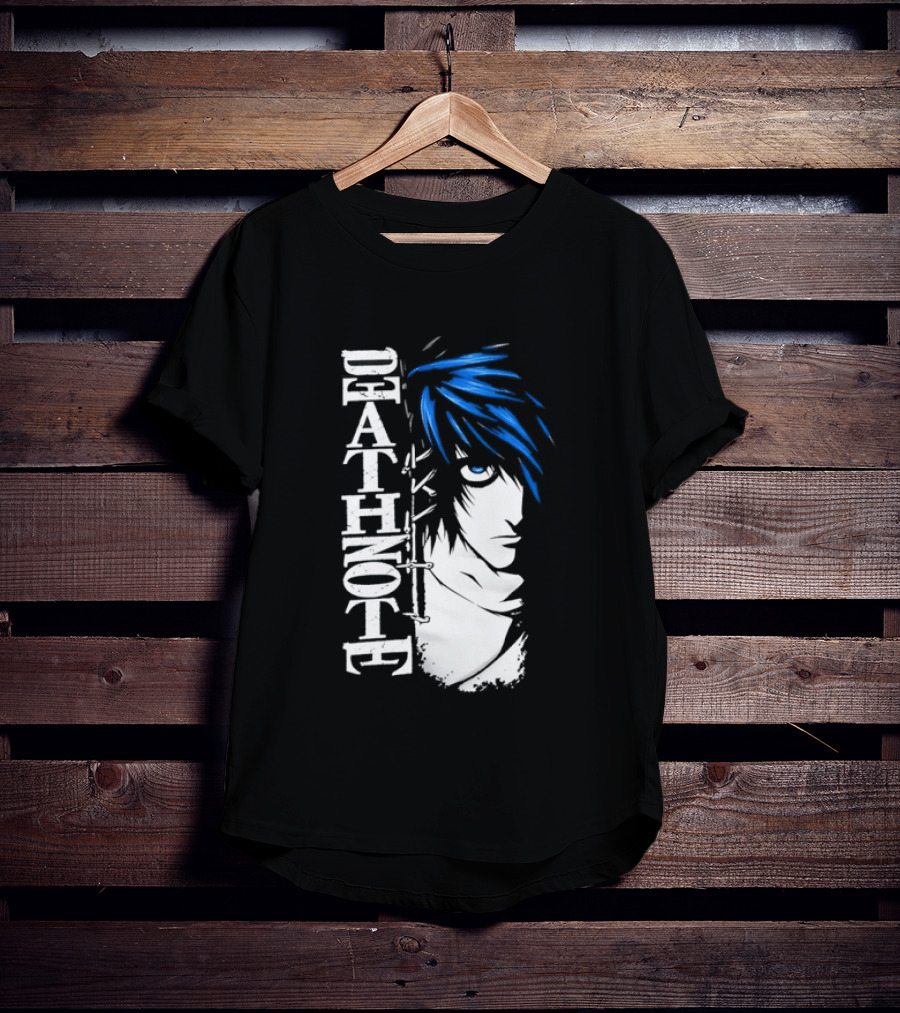L From Death Note Distressed Anime Blue Hair White T-Shirt