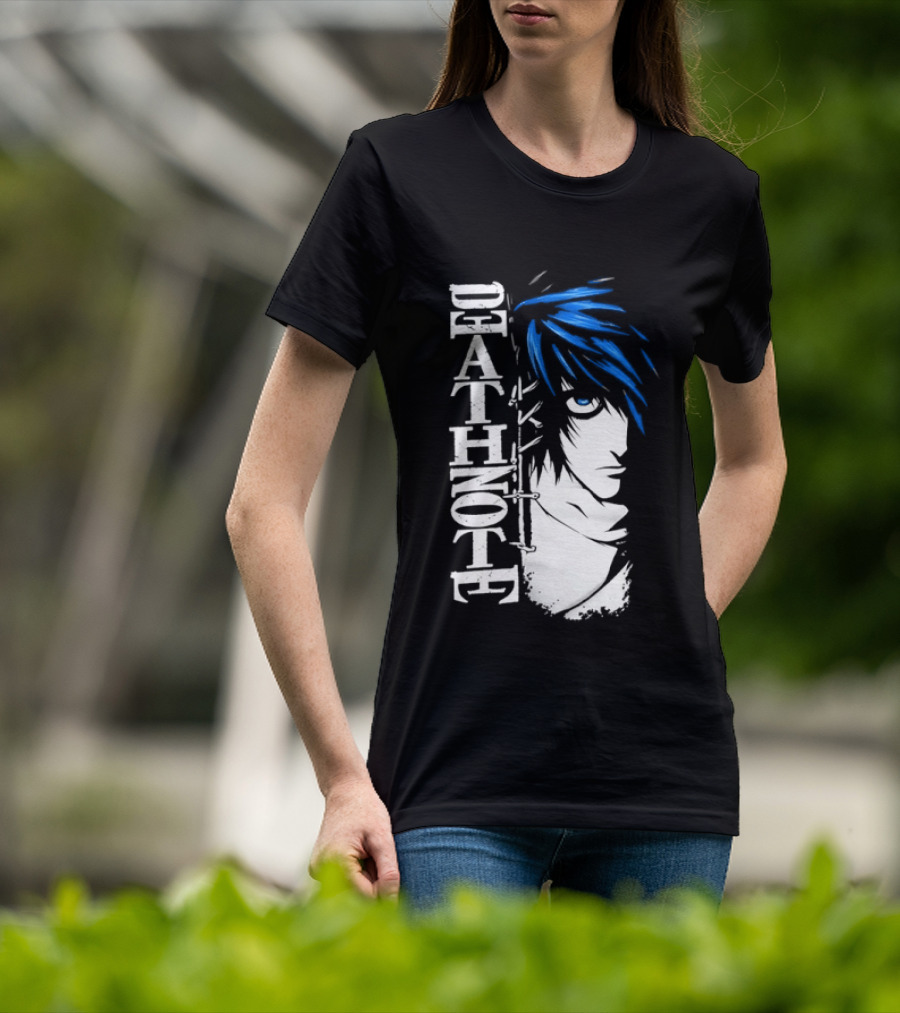 L From Death Note Distressed Anime Blue Hair White T-Shirt