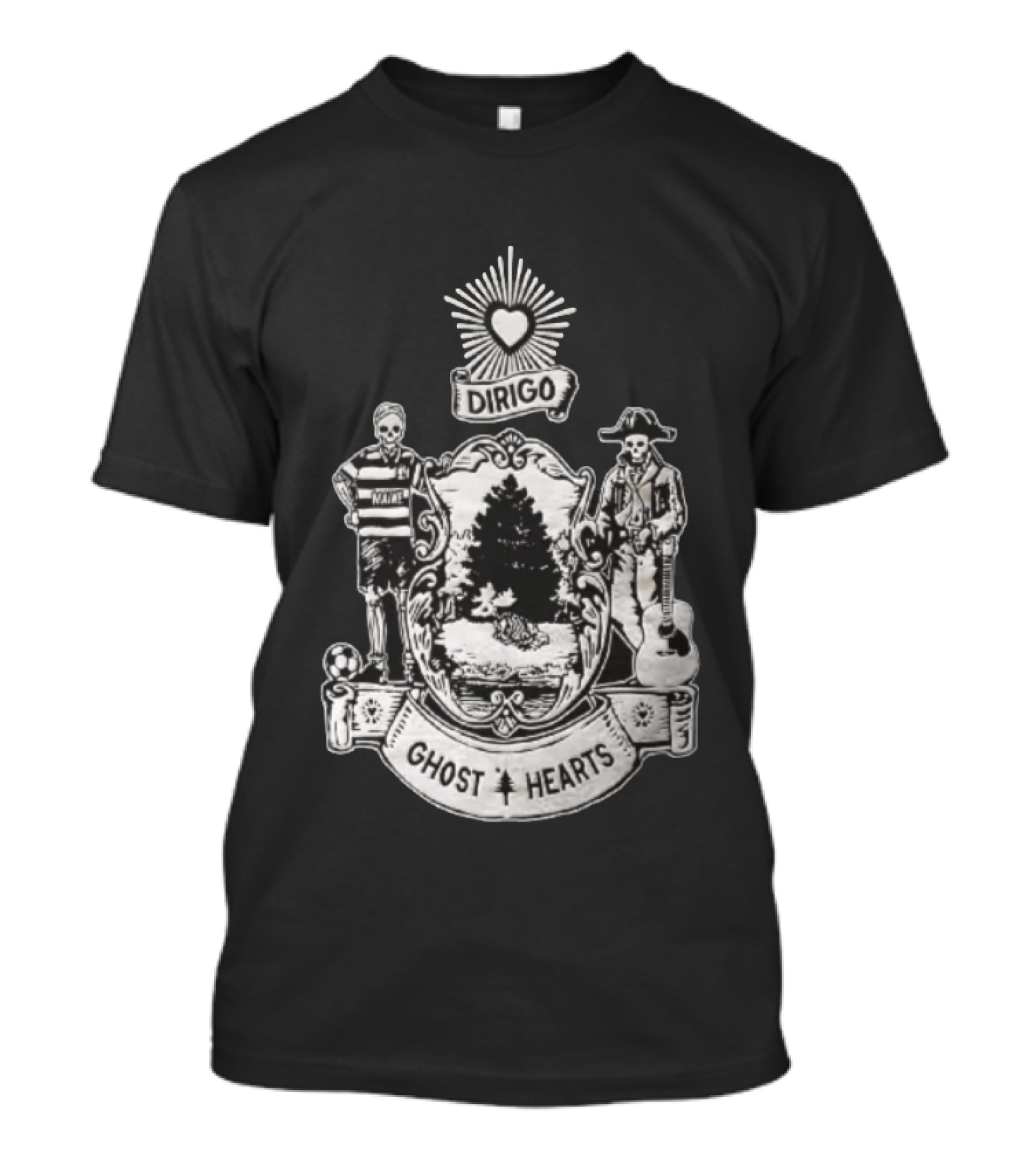 Dirigo Ghost Hearts Maine Crest With Skeleton Soccer And Guitar Players T-Shirt
