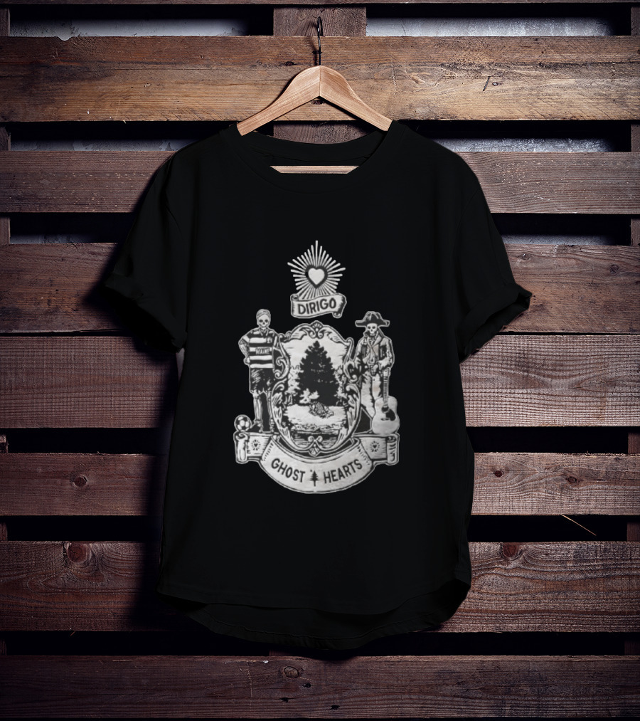 Dirigo Ghost Hearts Maine Crest With Skeleton Soccer And Guitar Players T-Shirt