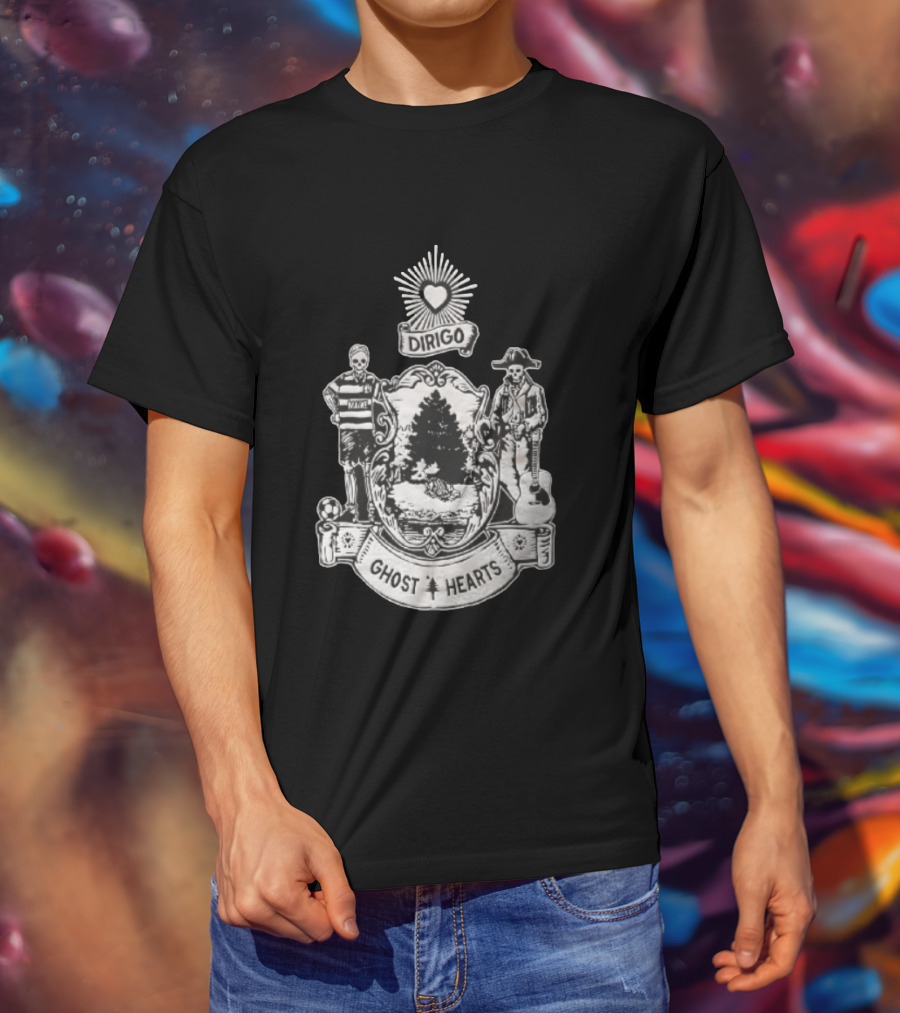 Dirigo Ghost Hearts Maine Crest With Skeleton Soccer And Guitar Players T-Shirt