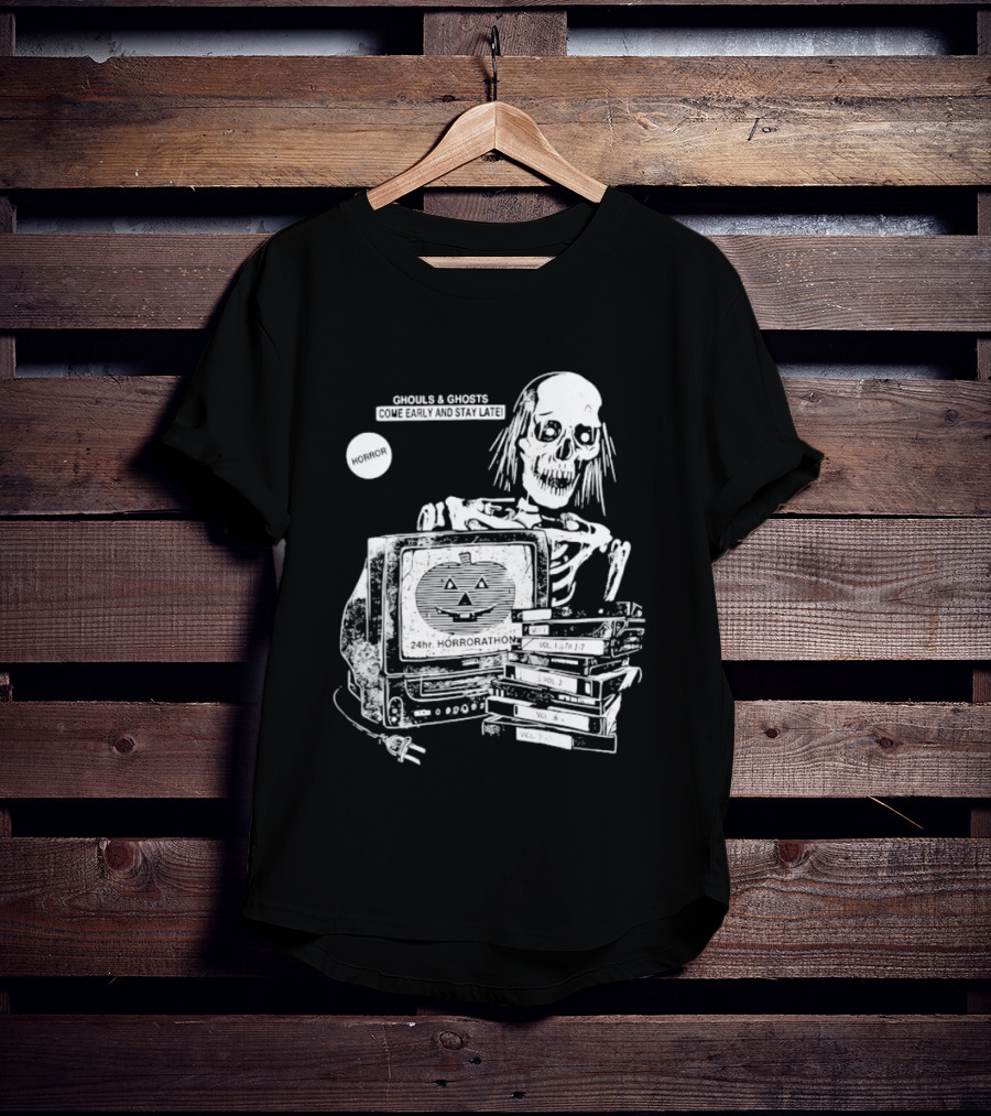 Ghouls And Ghosts 24hr Horrorathon Skeleton With TV And Pumpkin T-Shirt