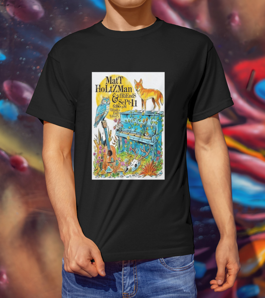 Matt Holtzman And Friends Live Music Event At Trails End Tavern September 11 Featuring Fox And Owl With Guitar And Piano Illustrations T-Shirt