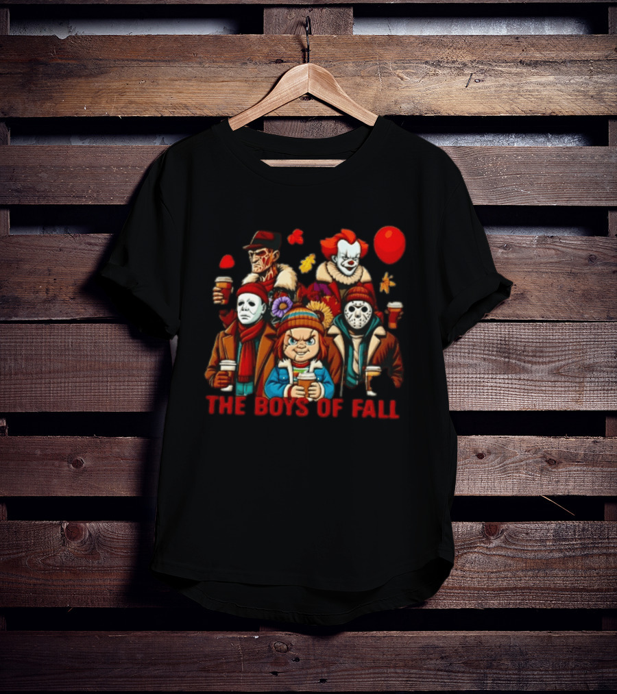 The Boys Of Fall Horror Movie Villains Holding Coffee Autumn Leaves Cartoon Balloons T-Shirt