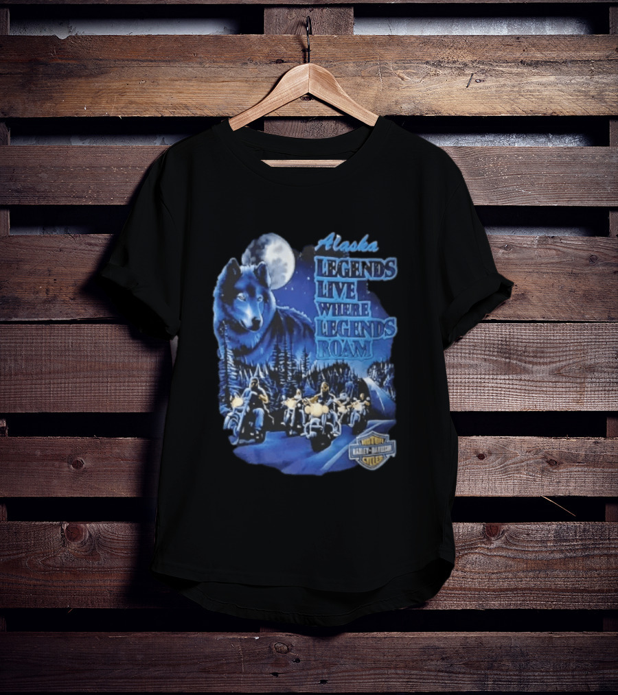 Alaska Legends Live Where Legends Roam Wolf Moon Motorcycles Forest Road T-Shirt