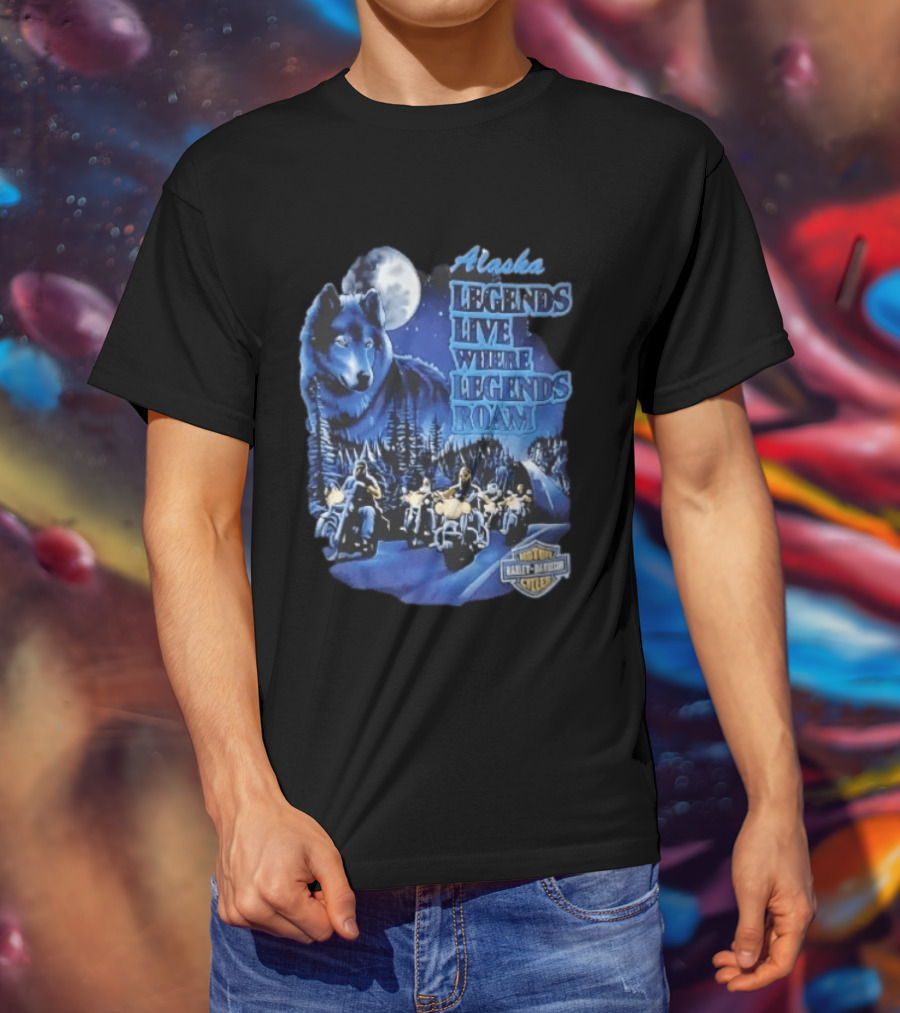 Alaska Legends Live Where Legends Roam Wolf Moon Motorcycles Forest Road T-Shirt