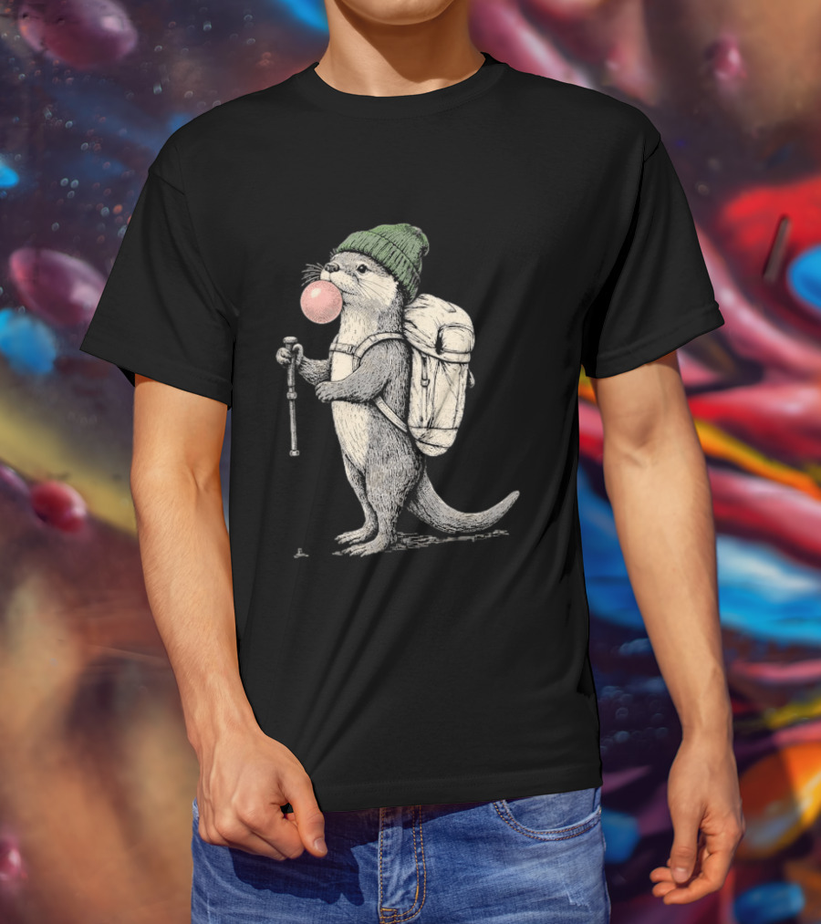Hiking Otter Backpack Adventure With Bubble Gum T-Shirt