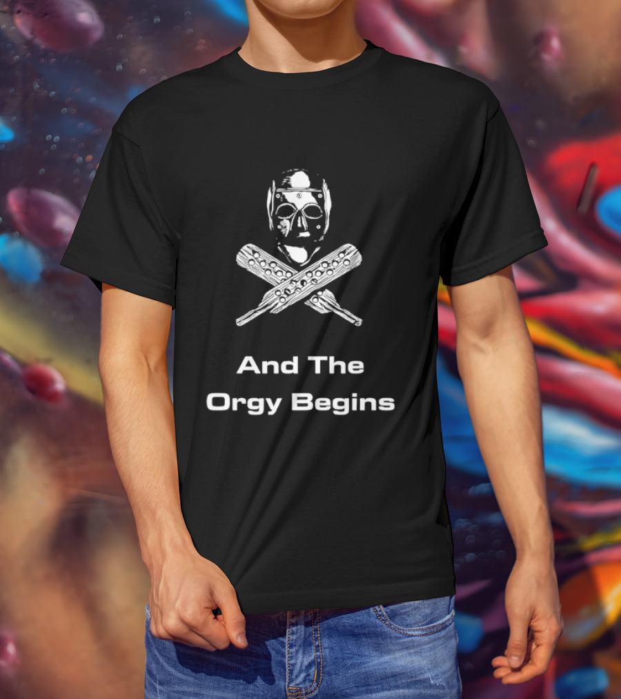 And The Orgy Begins Horror Cult Classic Hockey Mask Crossed Bats T-Shirt