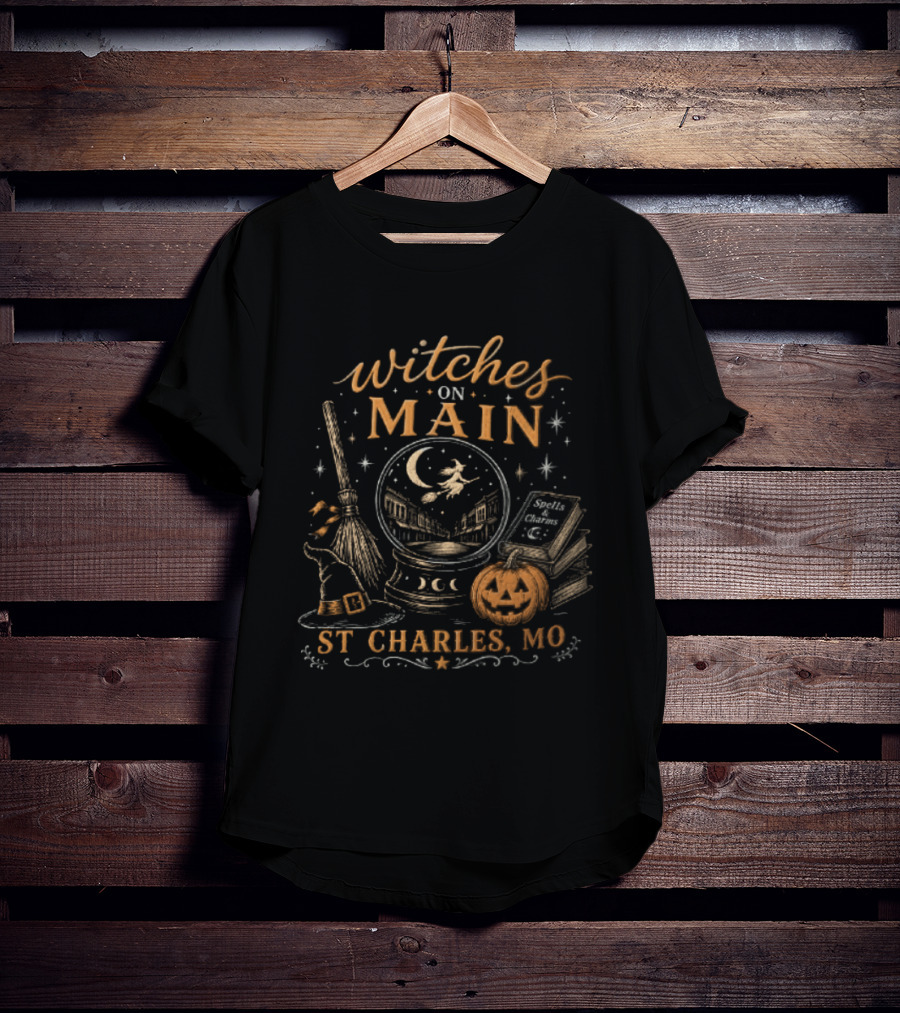 Witches On Main St Charles MO Halloween Broomstick Crystal Ball Pumpkin T-Shirt
