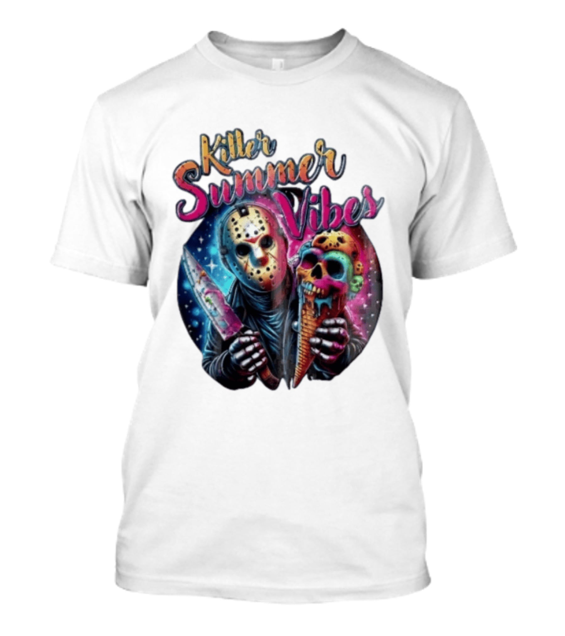 Killer Summer Vibes Hockey Mask Slasher Knife Skull Ice Cream Cone Cosmic T-Shirt