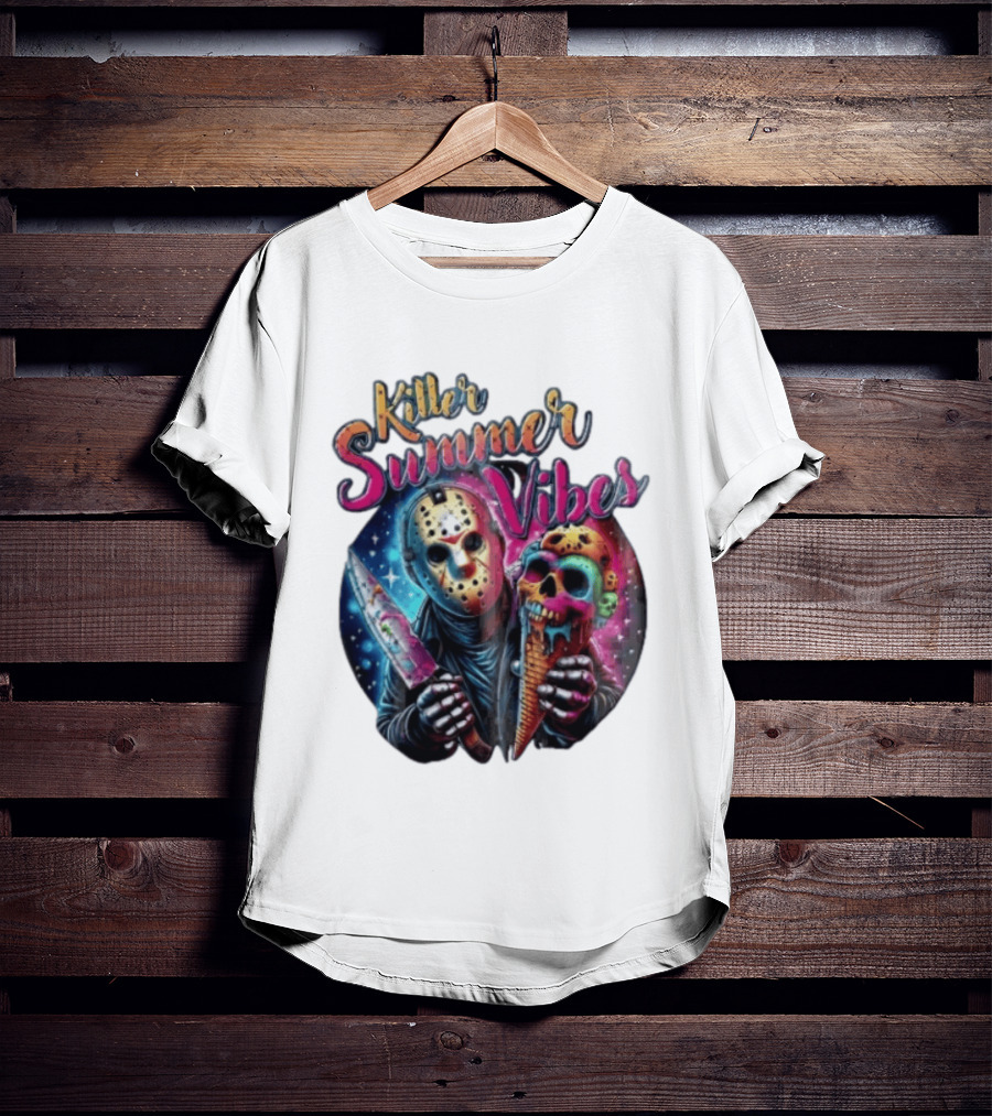 Killer Summer Vibes Hockey Mask Slasher Knife Skull Ice Cream Cone Cosmic T-Shirt
