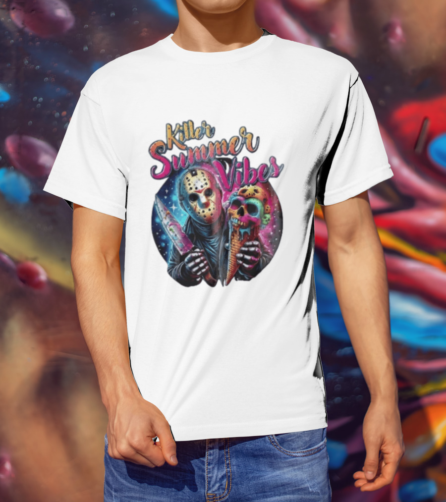 Killer Summer Vibes Hockey Mask Slasher Knife Skull Ice Cream Cone Cosmic T-Shirt
